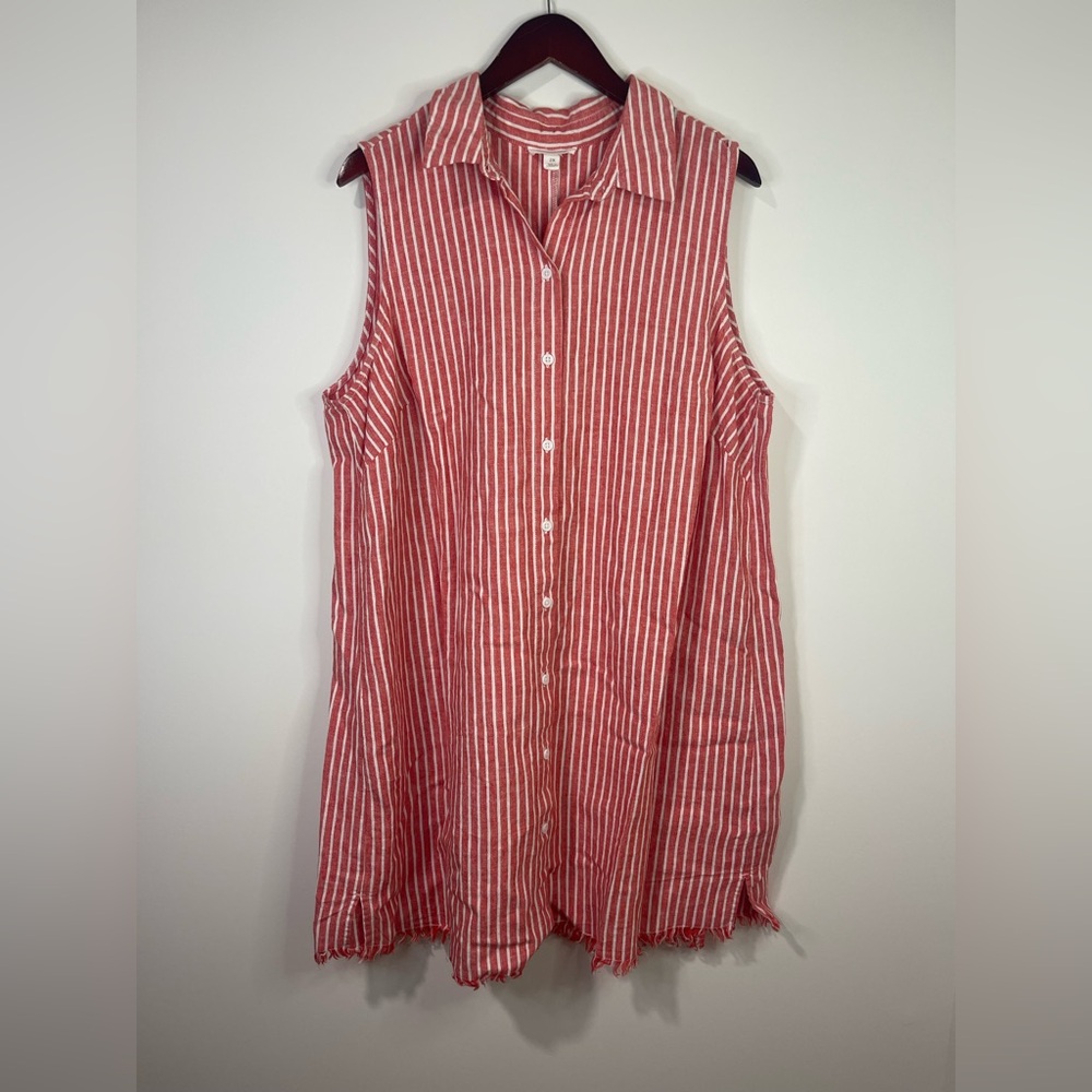 beachlunchlounge Coral & White Striped Sleeveless Button-Down Tunic Dress